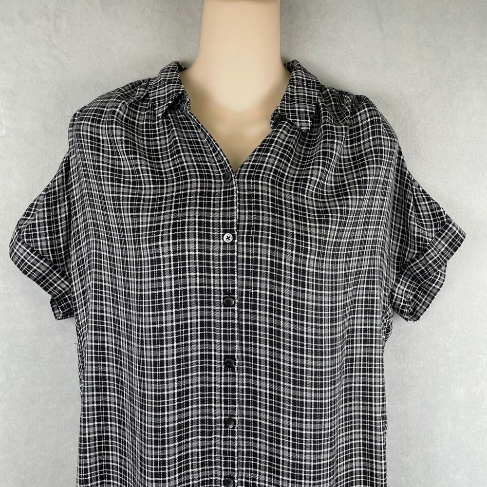 Madewell Central Shirt Dress Black Plaid Tulip Hem Button Front Viscose G1765 XS - Picture 4 of 10